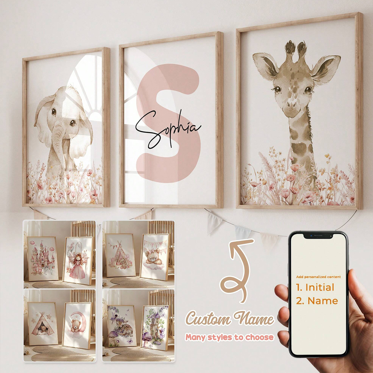 Animals Baby Nursery - Custom Name Nursery Wall Art Set,
