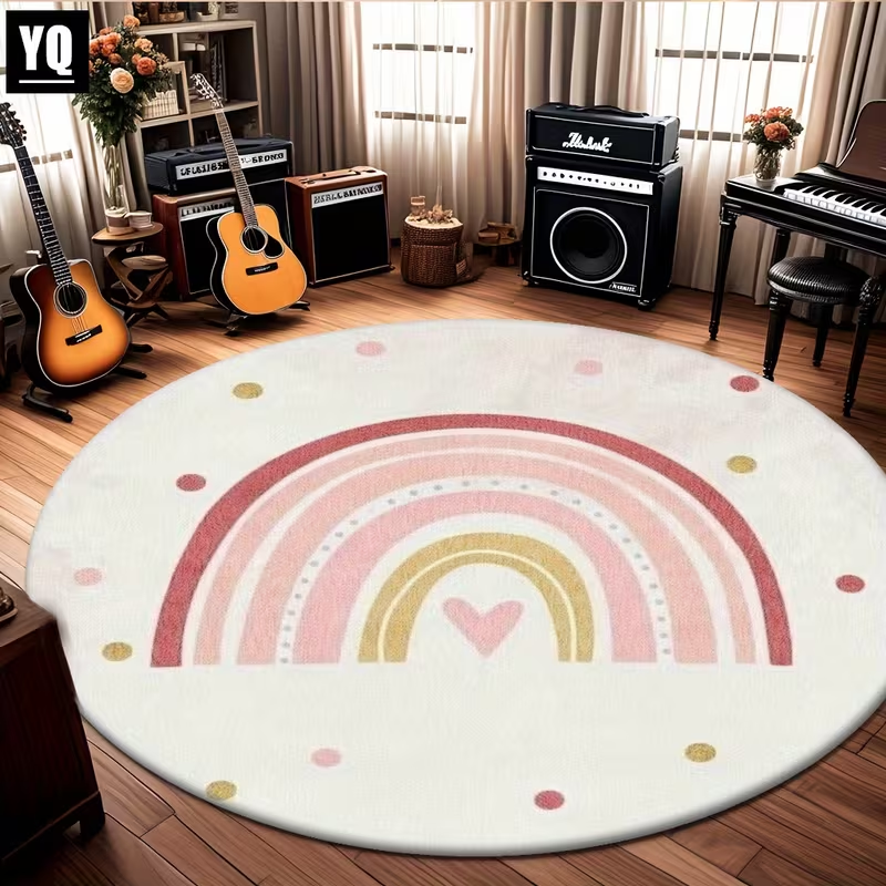 Soft Rug Nursery - Pink Polka Dot Heart Rainbow Round