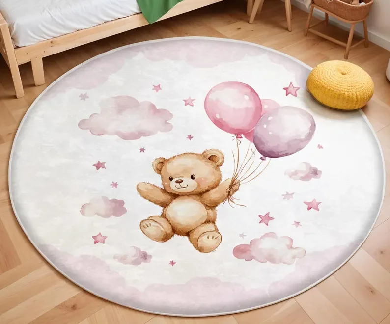 Pink Balloon Bear Cloud Round  - Soft Rug Nursery recension och pris