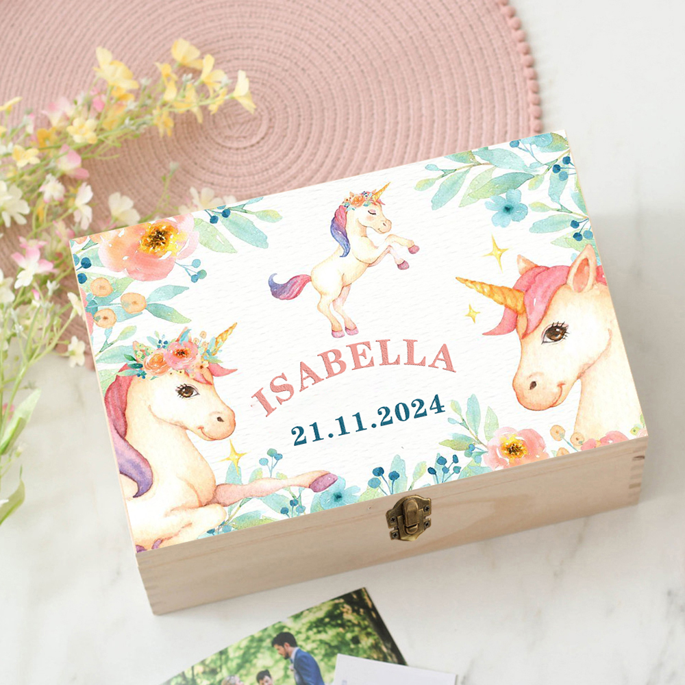 Personalized Unicorn Baby Wood - Baby Keepsake Box recension och pris
