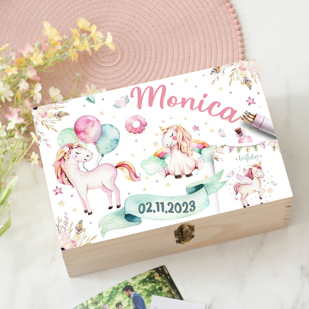 Personalized Unicorn Baby Wood - Baby Keepsake Box recension och pris