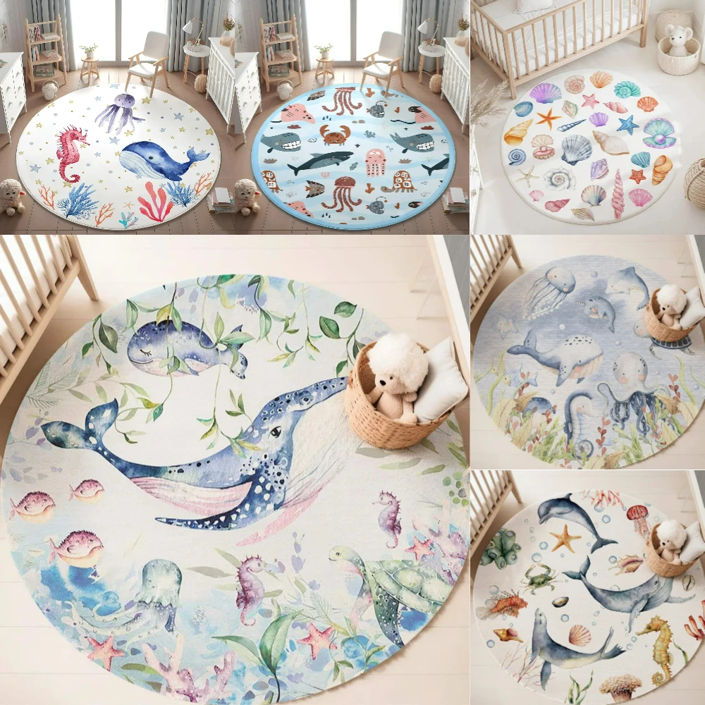 Blue Marine animal Round Carpe - Soft Rug Nursery recension och pris