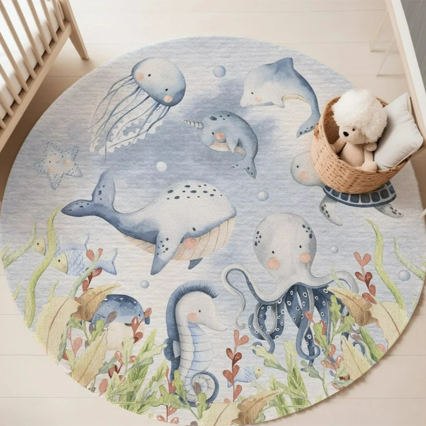 Blue Marine animal Round Carpe - Soft Rug Nursery recension och pris